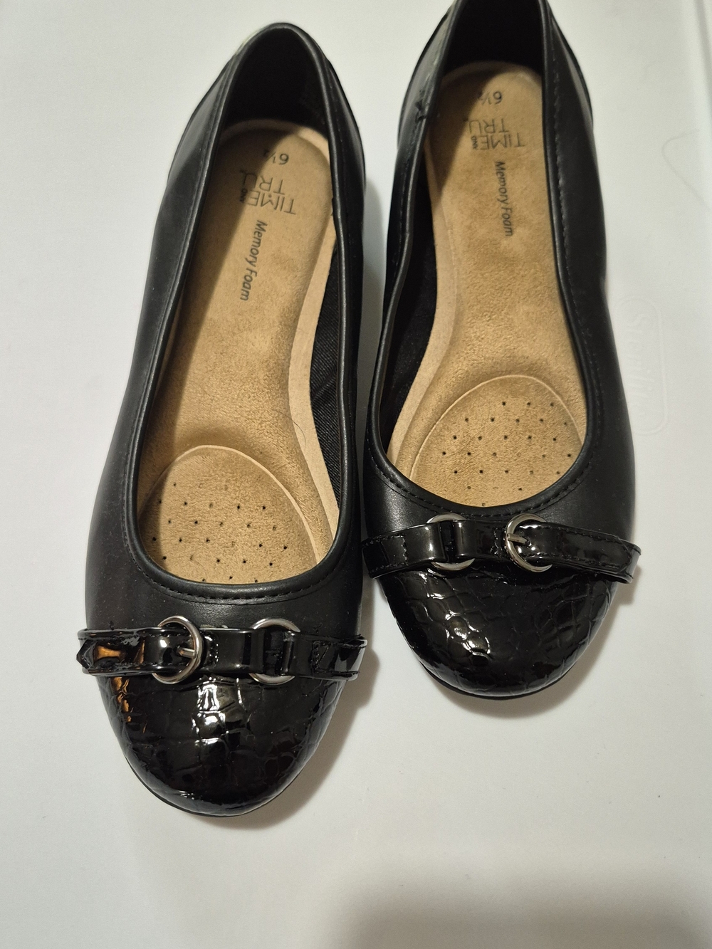 Time and Tru Black Faux-Leather Ballet Flats with Buckle Detail